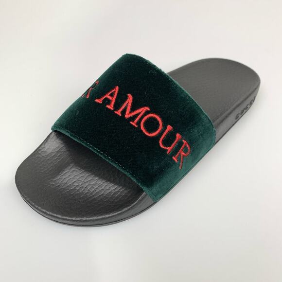 NIB Gucci Pursuit Embroidered Velvet Pool Slide Sandal, Black In Green Size 37 - Picture 3 of 14